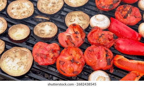 Sizzling vegetable symphony on a rustic grill embarks on flavorsome journeys, invoking Umami Day and Tomato Festival delights