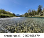 Skagit river flowing towards bridge in Washington state cascade mountains during spring season with clear water and blue sky