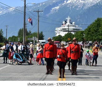 Skagway, Alaska. July 4 2019: Canadian Mounties Celebrate American Independence Day.