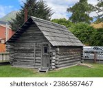 Skagway, Alaska -June 1, 2023: Moore Homestead part of Klondike Gold Rush National Historical Park. Capt William Moore settled in Skagway to capitalize on future gold rush. Log cabin oldest building.