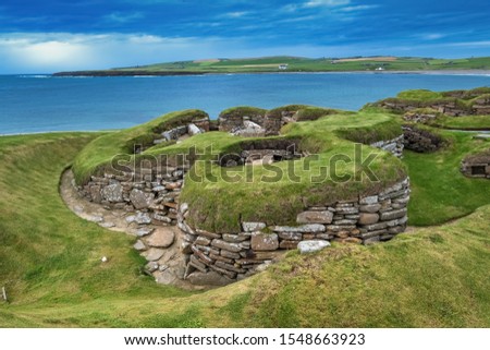 Skara Brae, a stone-built Neolithic settlement on the Bay of Skaill on the Mainland, the largest island in the Orkney archipelago of Scotland.