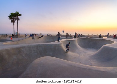 Skate Board Park In Venice Beach At Sunset, California, Usa