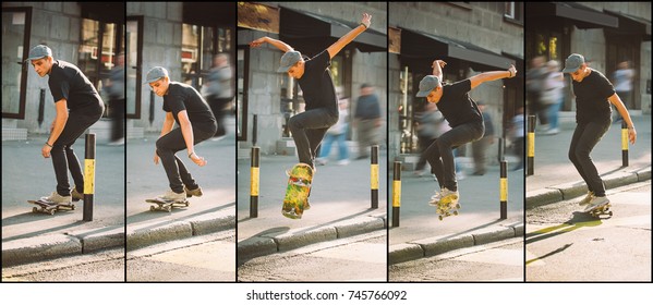 Skateboard curb and roadside street jump and trick sequence. Free ride school skateboarding. Traffic skate style - Shutterstock ID 745766092