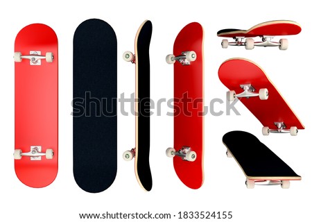 skateboard red color, plain and blank deck. Set of isolated object in different angle, mock up template for your logo and graphic design.
