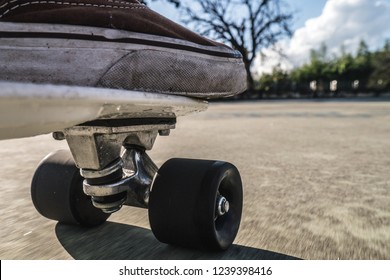 Skateboard Wheel Close Up And Shoes On White Board