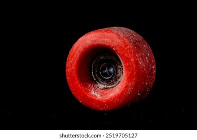 A skateboard wheel is shown in a close up. The wheel is red and he is worn down. The image has a moody and somewhat eerie feel to it, as the wheel is the only object in the frame - Powered by Shutterstock