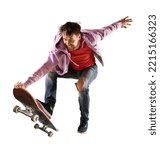 Skateboarder doing a jumping trick. Extreme sports concept isolated on white background