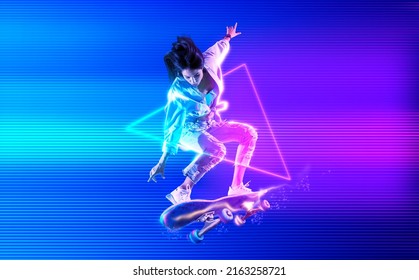 Skateboarder doing trick on neon background. Freestyle extreme sports concept. Sports banner - Powered by Shutterstock