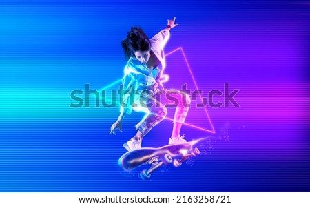 Skateboarder doing trick on neon background. Freestyle extreme sports concept. Sports banner