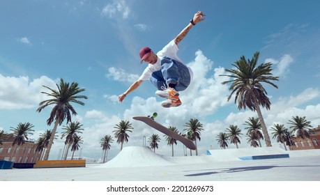 Skateboarder doing a trick in a skate park
