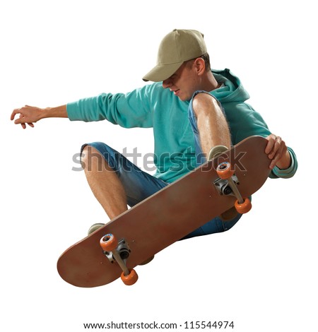Skateboarder jumping isolated on white