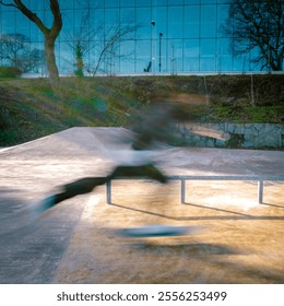 A skateboarder mid-air performing a trick at Kingsbridge Skatepark on a sunny day, surrounded by trees, parked cars, and urban scenery - Powered by Shutterstock