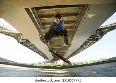 Skateboarder performing trick under large overhead bridge showing skill and agility mid-air with the skateboard flipping upside down with structured metal and concrete background - Powered by Shutterstock