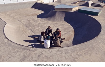 Skatepark, friends and summer for skate, recreation and fun outdoor for active and game for break or holiday. Group or team and conversation for performing, trick and sports for wheel and action - Powered by Shutterstock