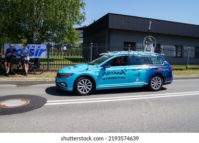 SKAWINA, POLAND - AUGUST 5, 2022: Astana Qazaqstan Team Road Cycling Team Volkswagen Car, On The Route Of The 79. Tour De Pologne Bicycle Stage Race.