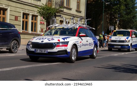 SKAWINA, POLAND - AUGUST 5, 2022: Groupama–FDJ French Road Cycling Team Skoda Car, On The Route Of The 79. Tour De Pologne Bicycle Stage Race.