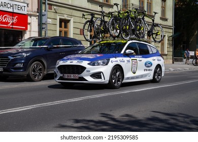 SKAWINA, POLAND - AUGUST 5, 2022: Intermarché–Wanty–Gobert Matériaux Road Cycling Team Ford Car, On The Route Of The 79. Tour De Pologne Bicycle Stage Race.