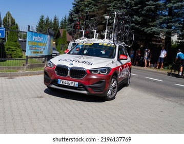 SKAWINA, POLAND - AUGUST 5, 2022: Cofidis Solutions Crédits Road Cycling Racing Team BMW Car, Before Start Of The 79. Tour De Pologne Bicycle Stage Race.