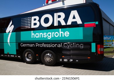 SKAWINA, POLAND - AUGUST 5, 2022: Bora-Hansgrohe UCI WorldTeam Road Cycling Racing Team Bus, Before Start Of The 79. Tour De Pologne Bicycle Stage Race.