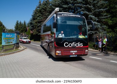 SKAWINA, POLAND - AUGUST 5, 2022: Cofidis Solutions Crédits Road Cycling Racing Team Bus, Before Start Of The 79. Tour De Pologne Bicycle Stage Race.