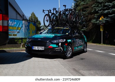 SKAWINA, POLAND - AUGUST 5, 2022: Bora-Hansgrohe UCI WorldTeam Professional Road Cycling Racing Team Ford Car, Before Start Of The 79. Tour De Pologne Bicycle Stage Race.