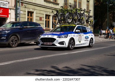 SKAWINA, POLAND - AUGUST 5, 2022: Intermarché–Wanty–Gobert Matériaux Road Cycling Team Ford Car, On The Route Of The 79. Tour De Pologne Bicycle Stage Race.