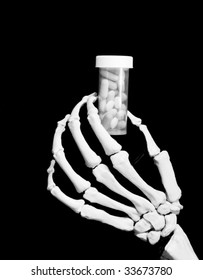 Skeletal Hand Holding Prescription Bottle