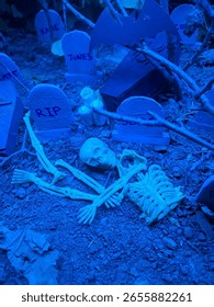 skeleton bones in a graveyard setting at night