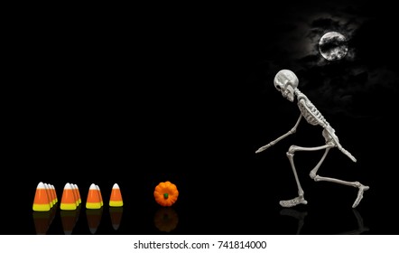 Skeleton Bowling / Halloween Skeleton Bowling A Pumpkin Into Candy Corn Pins During The Night Under A Nice Moon Covered With Dark Clouds