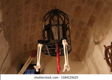 
skeleton in a cage