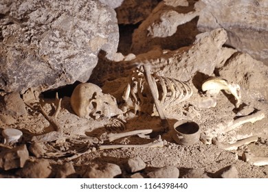 a skeleton in a cave at the ground