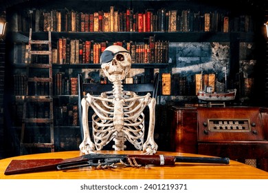 skeleton with eye patch holding retro bb gun with vintage radio and old library background