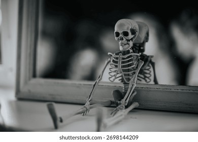 Skeleton figure is positioned on a table, reflecting in a mirror, highlighting its detailed bone structure and creating a unique, whimsical ambiance for creative projects