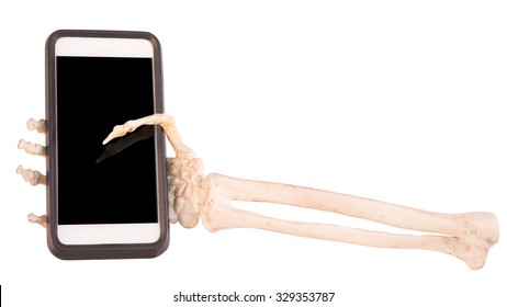 Skeleton Hand And Arm Holding Cell Phone Isolated On White Background