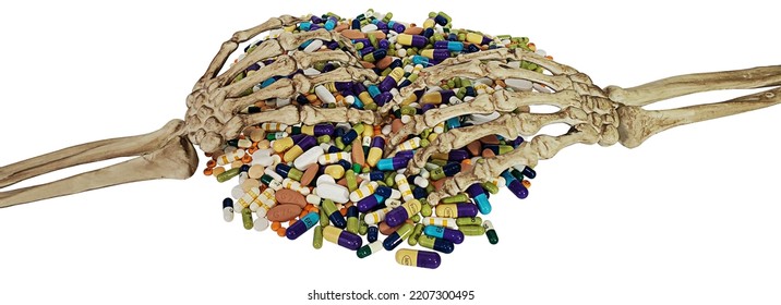 Skeleton Hands On A Pile Of Pills To Show The Dangers Of Drug Addiction