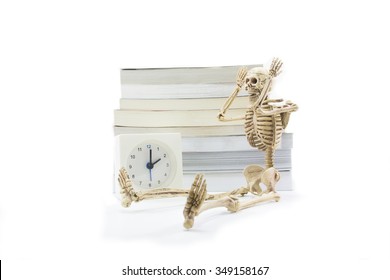 skeleton have a headache because read a book at night isolate white background