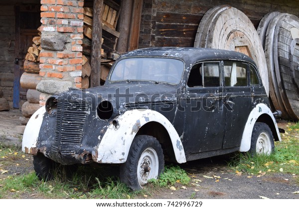 skeleton of an old\
car, prepared for\
recycling