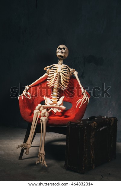 骸骨は赤い肘掛け椅子に座って待つ の写真素材 今すぐ編集