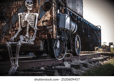 Skeleton sitting on a train 