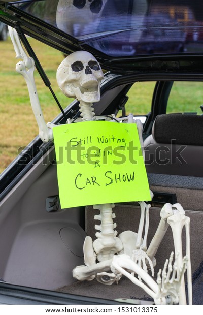 Skeleton sitting in the trunk area of a car holding\
a sign that says \