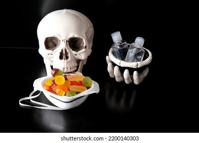 Skeleton Skull With Candy To Eat During And Face Mask For Halloween