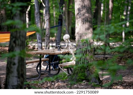 A skeleton spending some time in a campground sitting at a picnic table.