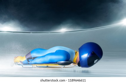 Skeleton Sport. Bobsled. The Athlete Descends On A Sleigh On An Ice Track.   Winter Sports