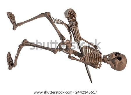 Skeleton stabbed by a skull dagger decorated with many skulls