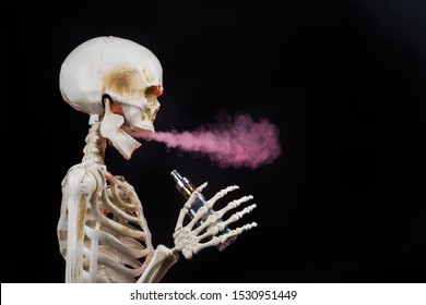 Skeleton Vaping Clouds Of Red Highlighted Vapor With An Ecigarette