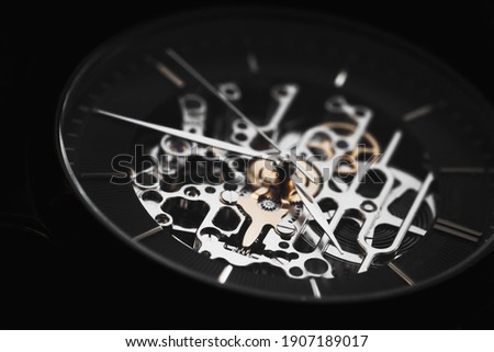 Skeleton watch macro photo. It is a mechanical watch type in which all of the moving parts are visible