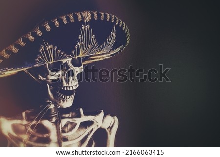 A skeleton wearing a Mexican sombrero, edited in a vintage film style. Smiling skull for Cinco de Mayo with copy space.