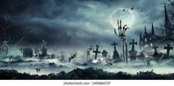 Skeleton Zombie Hands Rising Out Of A Cemetery - Halloween Background
 - Shutterstock ID 1495866737