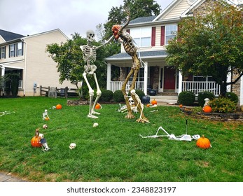 Skeletons, pumpkins and skulls are traditional attributes of Halloween in America. Frontyard decoration for Halloween party. - Shutterstock ID 2348823197