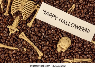 skeleton,text " Happy Halloween" on coffee beans. - Powered by Shutterstock